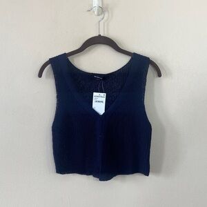 New Blu Pepper V-Neck Ribbed Knit Crop Tank Vest Navy Blue Women's Large Cropped